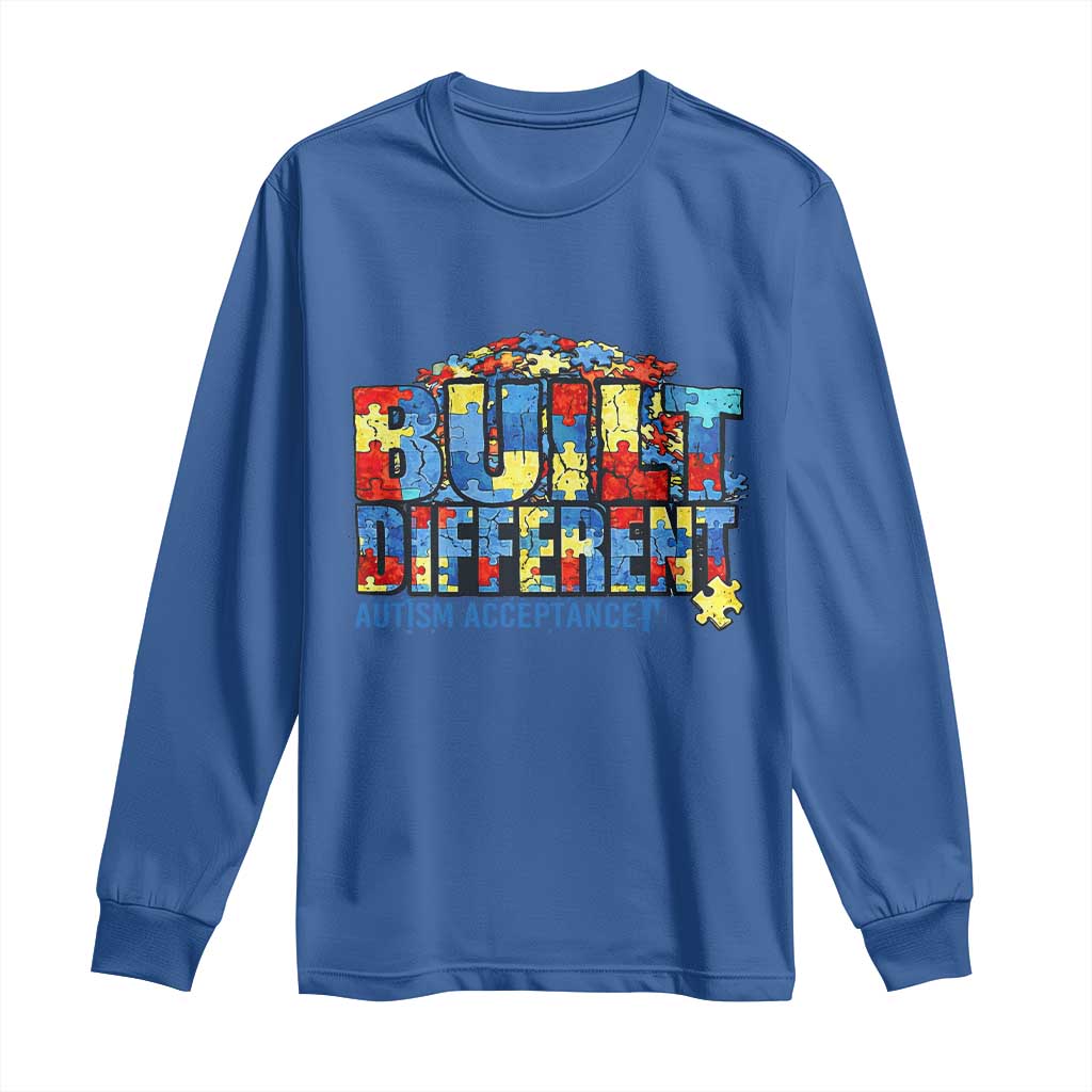 Built Different Autism Acceptance Puzzle Piece Graphic Long Sleeve Shirt Inspirational Neurodiversity Support