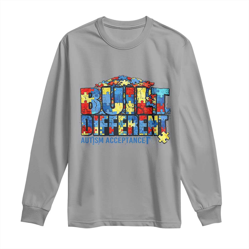 Built Different Autism Acceptance Puzzle Piece Graphic Long Sleeve Shirt Inspirational Neurodiversity Support