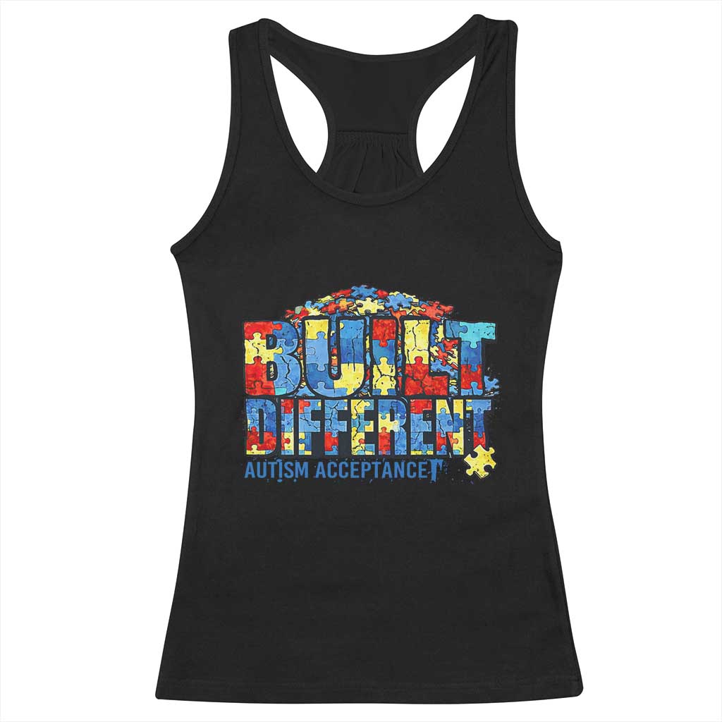 Built Different Autism Acceptance Puzzle Piece Graphic Racerback Tank Top Inspirational Neurodiversity Support