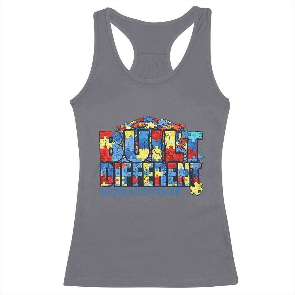 Built Different Autism Acceptance Puzzle Piece Graphic Racerback Tank Top Inspirational Neurodiversity Support