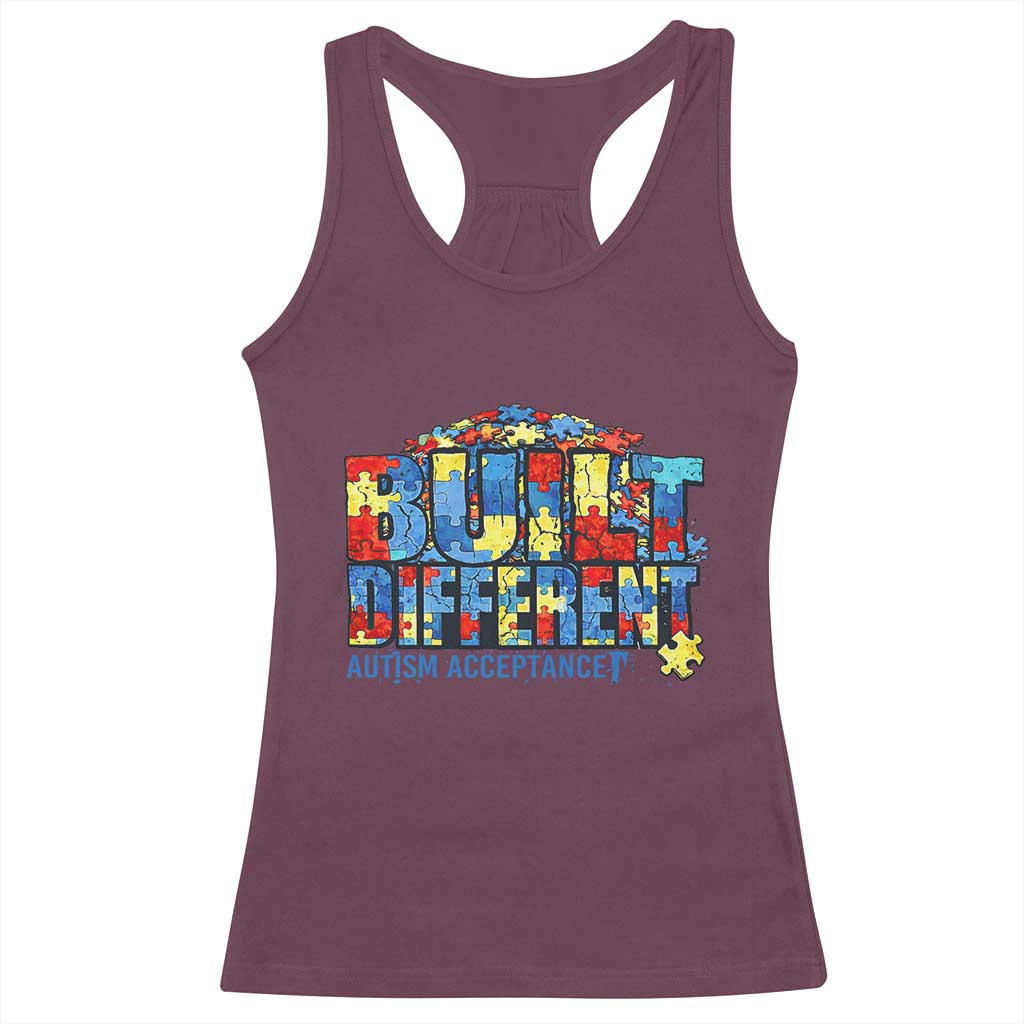 Built Different Autism Acceptance Puzzle Piece Graphic Racerback Tank Top Inspirational Neurodiversity Support