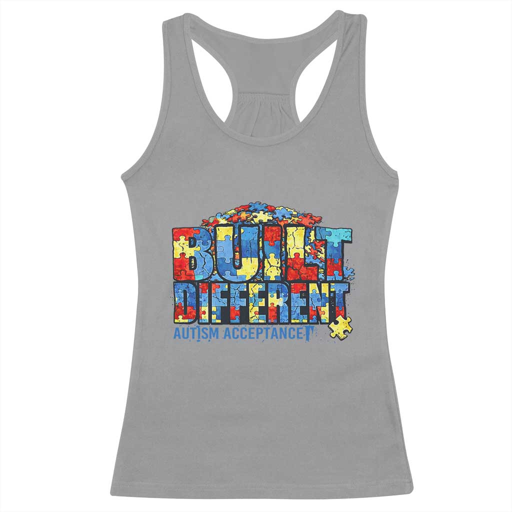 Built Different Autism Acceptance Puzzle Piece Graphic Racerback Tank Top Inspirational Neurodiversity Support