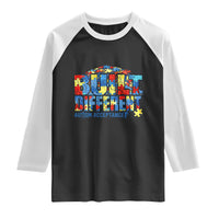 Built Different Autism Acceptance Puzzle Piece Graphic Raglan Shirt Inspirational Neurodiversity Support