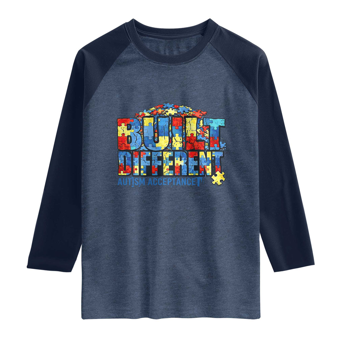 Built Different Autism Acceptance Puzzle Piece Graphic Raglan Shirt Inspirational Neurodiversity Support