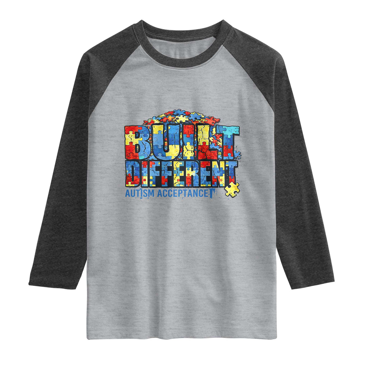 Built Different Autism Acceptance Puzzle Piece Graphic Raglan Shirt Inspirational Neurodiversity Support