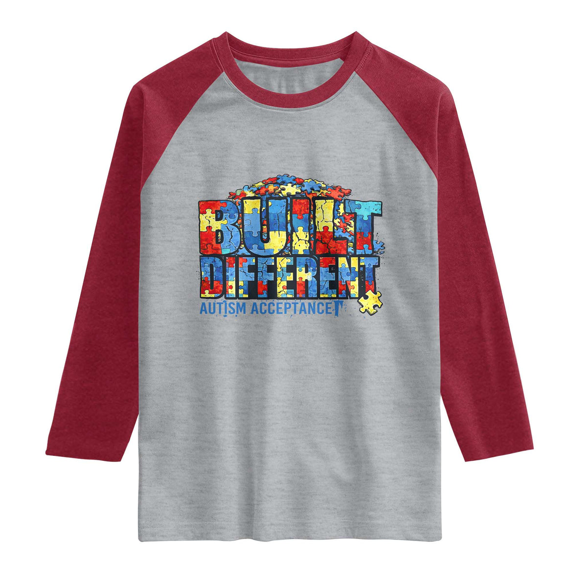 Built Different Autism Acceptance Puzzle Piece Graphic Raglan Shirt Inspirational Neurodiversity Support