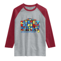Built Different Autism Acceptance Puzzle Piece Graphic Raglan Shirt Inspirational Neurodiversity Support