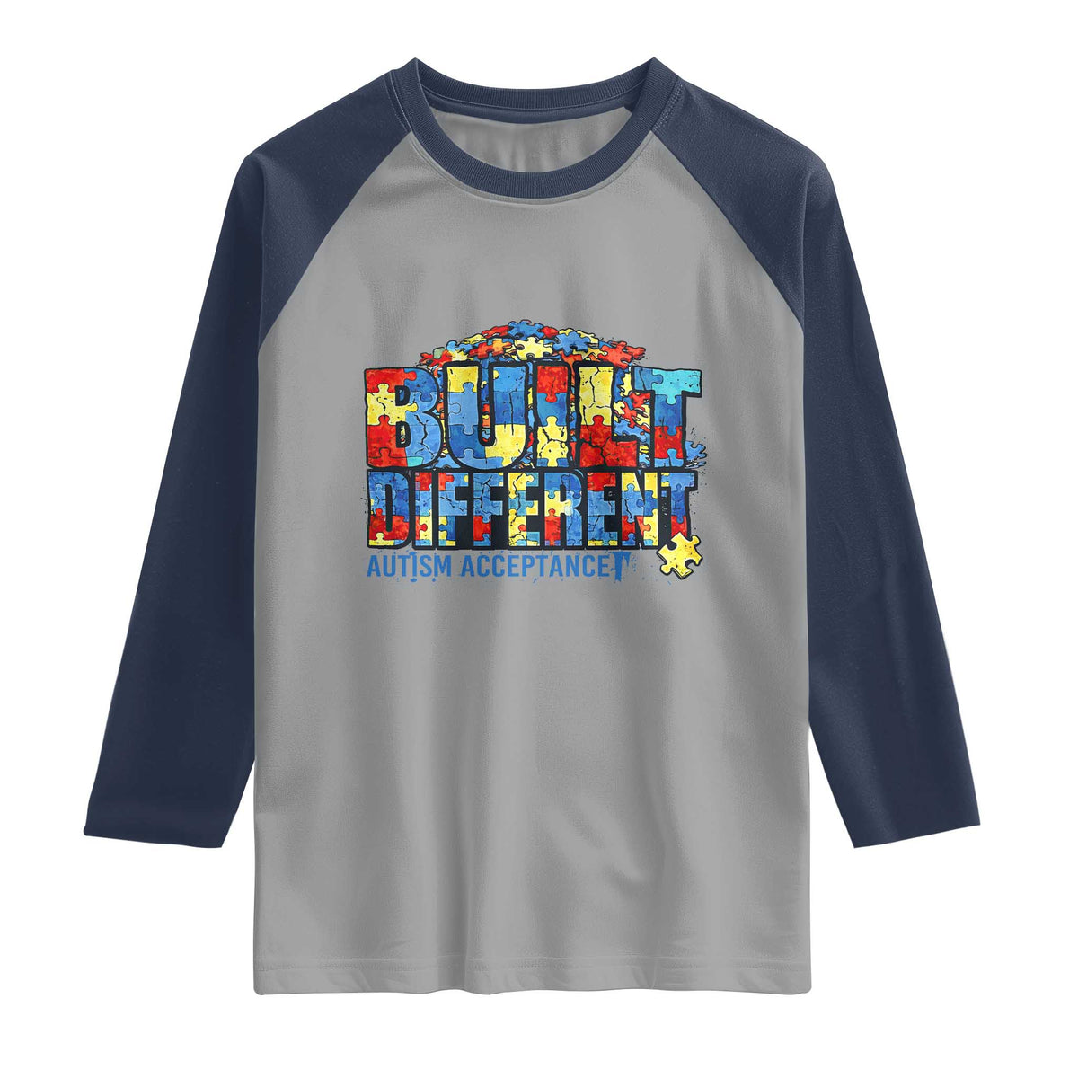 Built Different Autism Acceptance Puzzle Piece Graphic Raglan Shirt Inspirational Neurodiversity Support