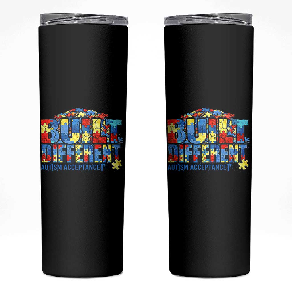 Built Different Autism Acceptance Puzzle Piece Graphic Skinny Tumbler Inspirational Neurodiversity Support