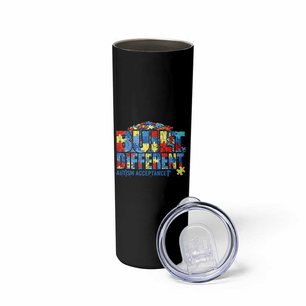 Built Different Autism Acceptance Puzzle Piece Graphic Skinny Tumbler Inspirational Neurodiversity Support