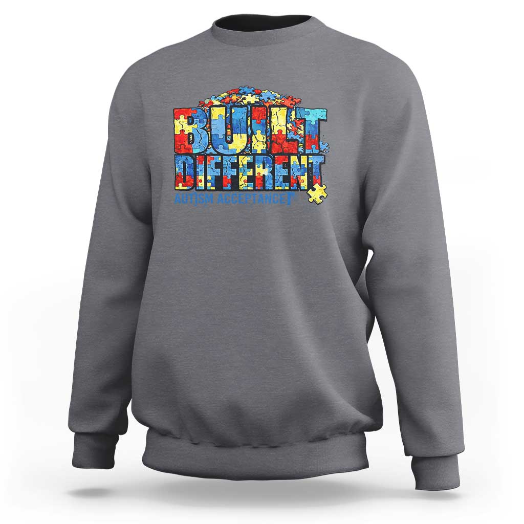 Built Different Autism Acceptance Puzzle Piece Graphic Sweatshirt Inspirational Neurodiversity Support