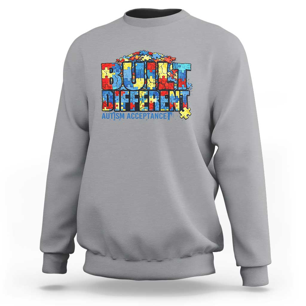 Built Different Autism Acceptance Puzzle Piece Graphic Sweatshirt Inspirational Neurodiversity Support