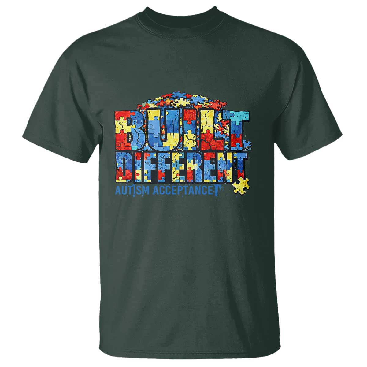 Built Different Autism Acceptance Puzzle Piece Graphic T Shirt Inspirational Neurodiversity Support