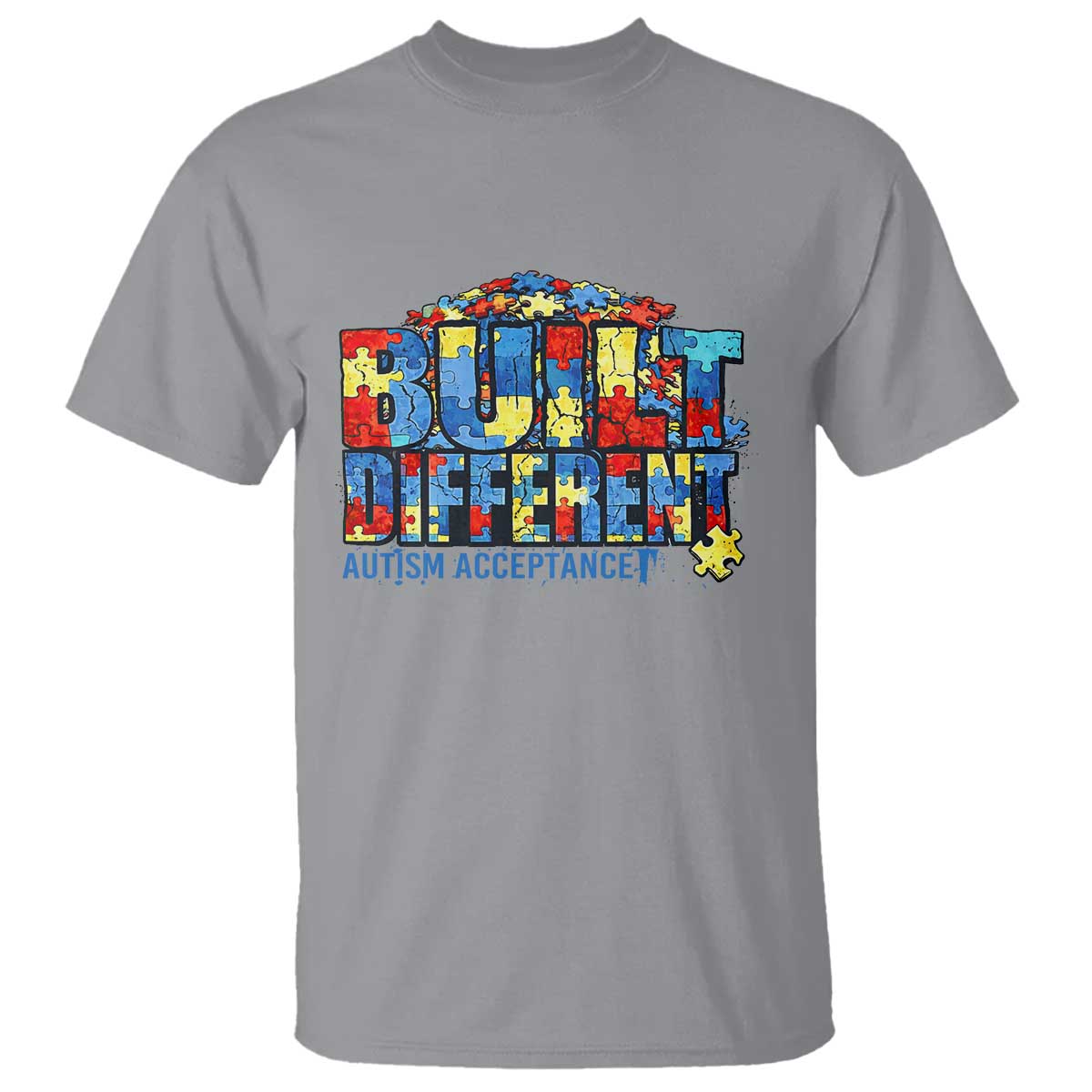 Built Different Autism Acceptance Puzzle Piece Graphic T Shirt Inspirational Neurodiversity Support