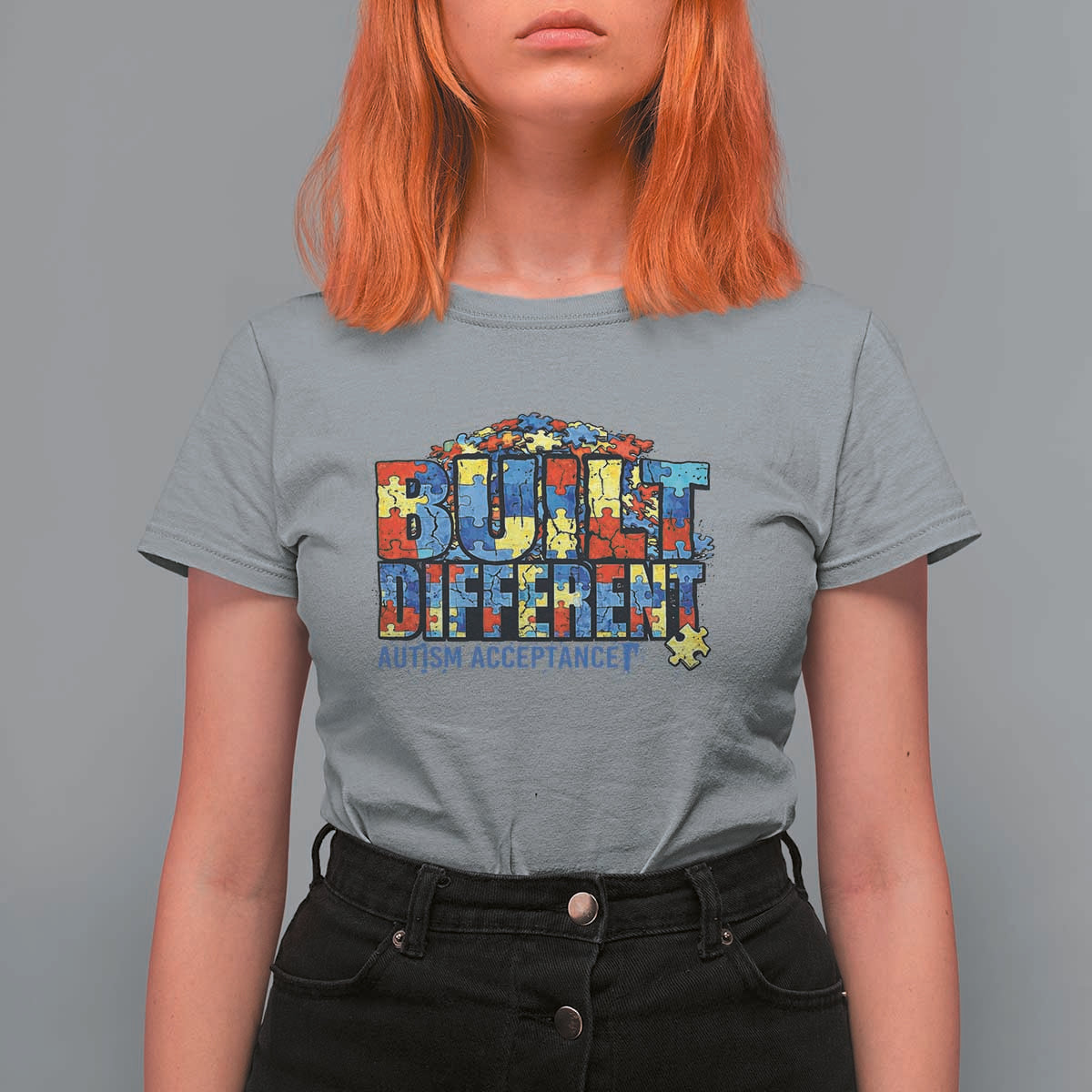 Built Different Autism Acceptance Puzzle Piece Graphic T Shirt For Women Inspirational Neurodiversity Support