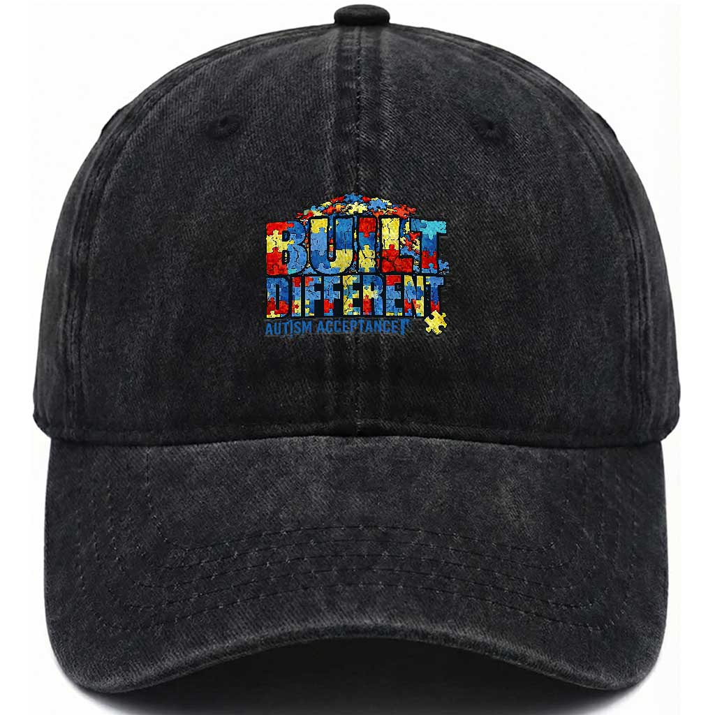 Built Different Autism Acceptance Puzzle Piece Graphic Washed Cotton Baseball Cap Inspirational Neurodiversity Support