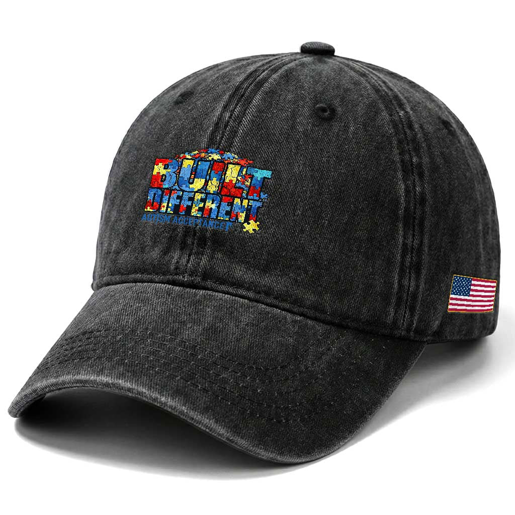 Built Different Autism Acceptance Puzzle Piece Graphic Washed Cotton Baseball Cap Inspirational Neurodiversity Support