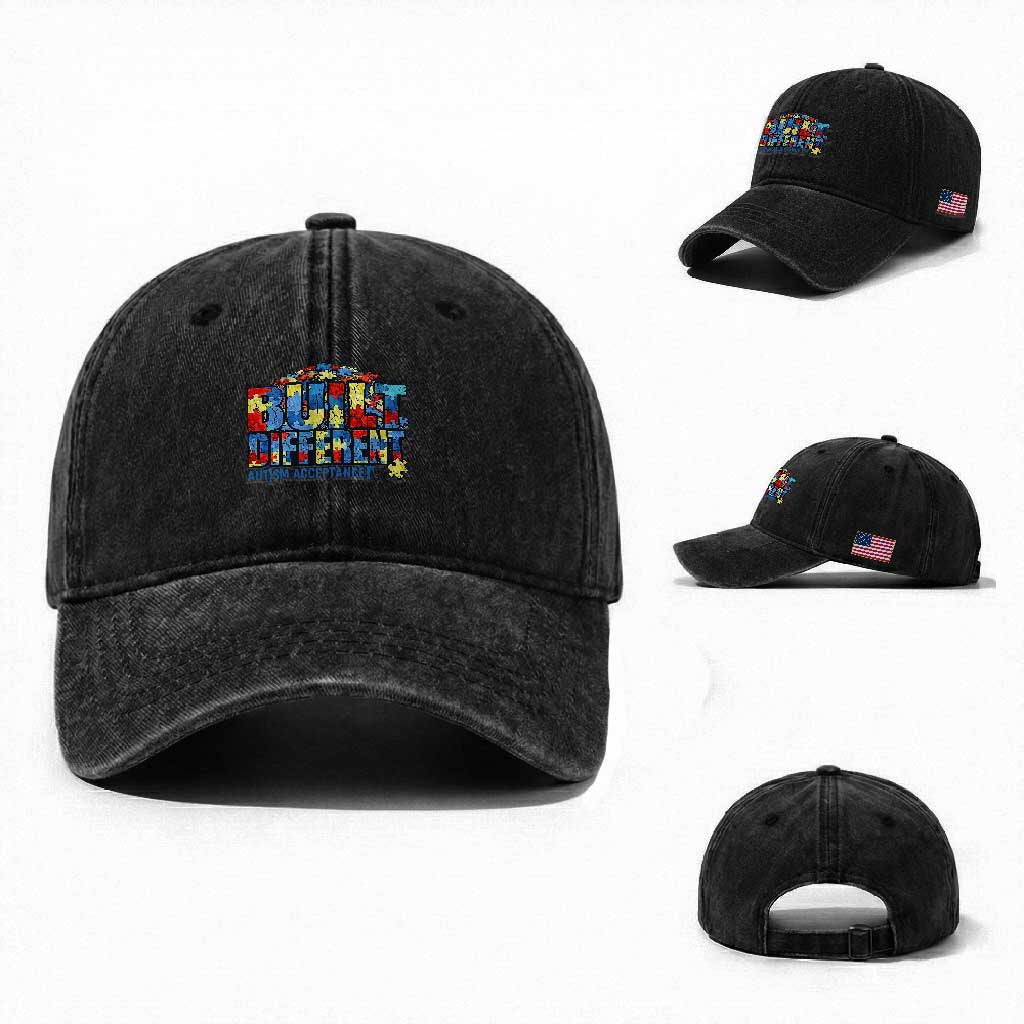 Built Different Autism Acceptance Puzzle Piece Graphic Washed Cotton Baseball Cap Inspirational Neurodiversity Support