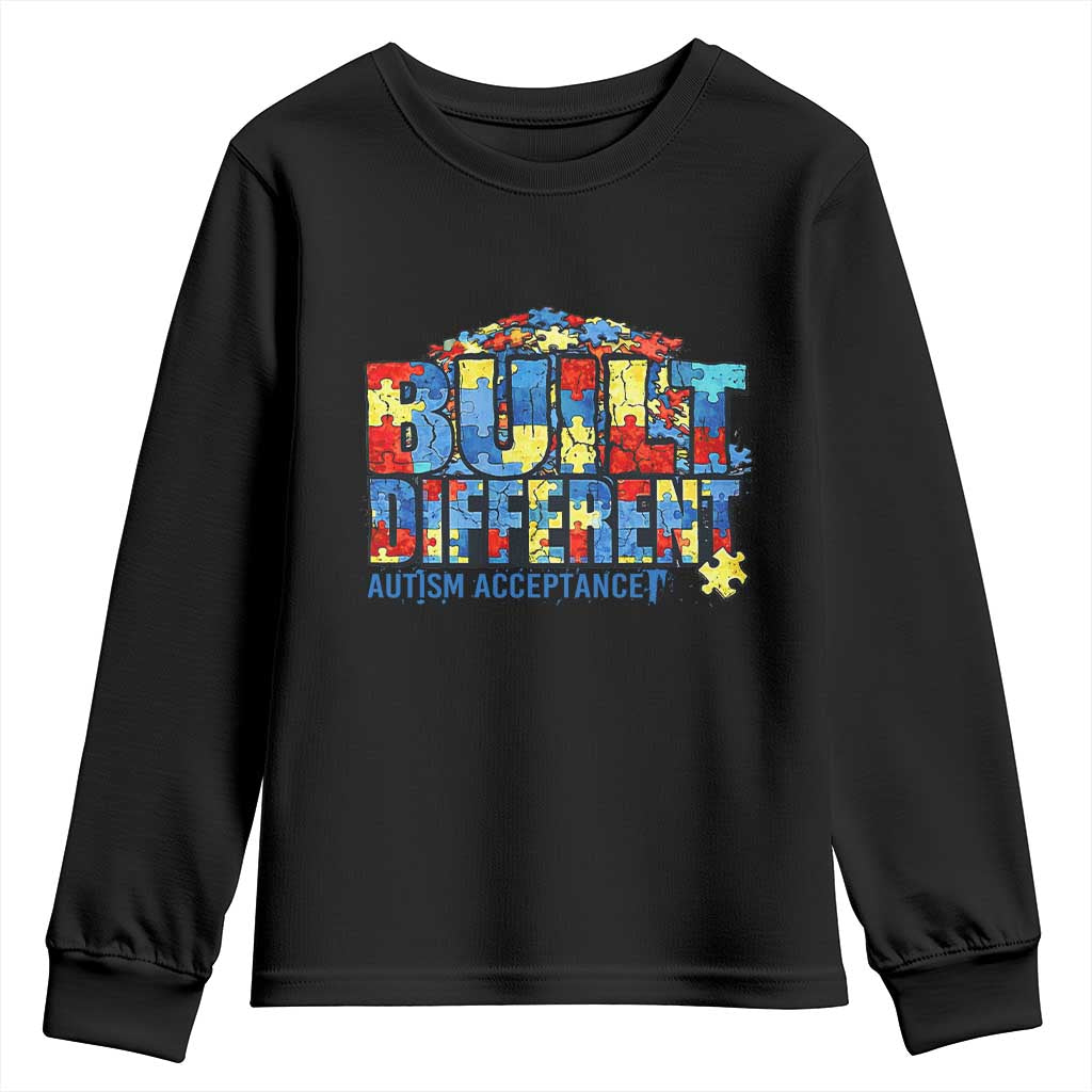 Built Different Autism Acceptance Puzzle Piece Graphic Youth Sweatshirt Inspirational Neurodiversity Support