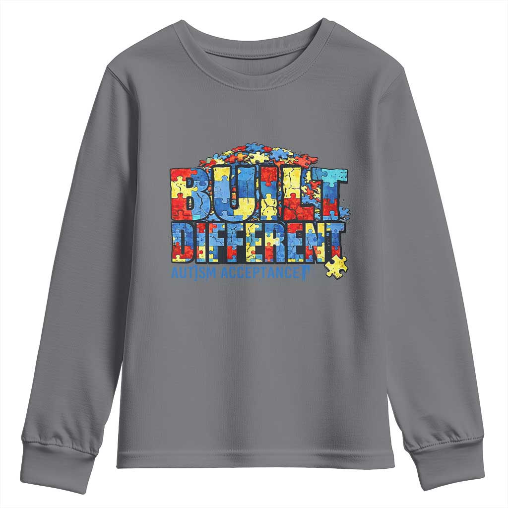 Built Different Autism Acceptance Puzzle Piece Graphic Youth Sweatshirt Inspirational Neurodiversity Support