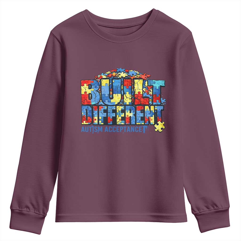 Built Different Autism Acceptance Puzzle Piece Graphic Youth Sweatshirt Inspirational Neurodiversity Support