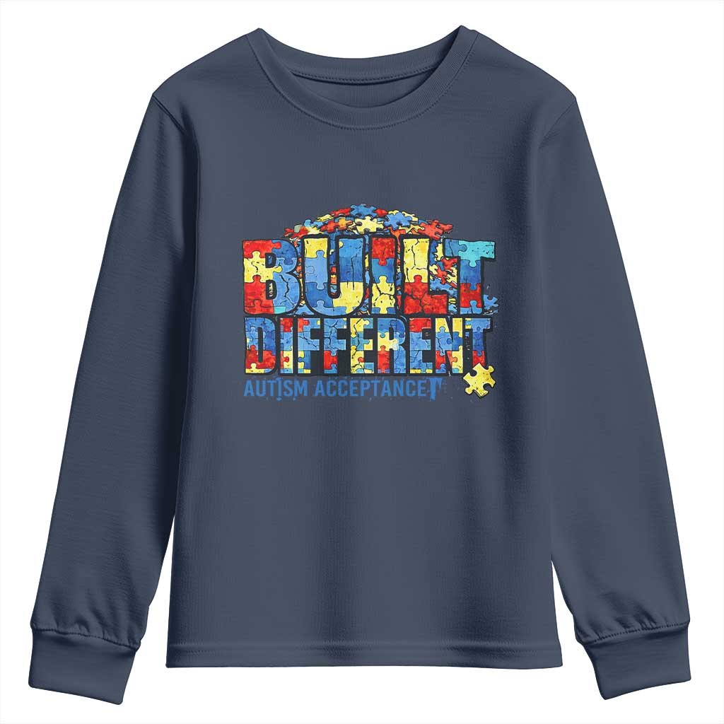 Built Different Autism Acceptance Puzzle Piece Graphic Youth Sweatshirt Inspirational Neurodiversity Support