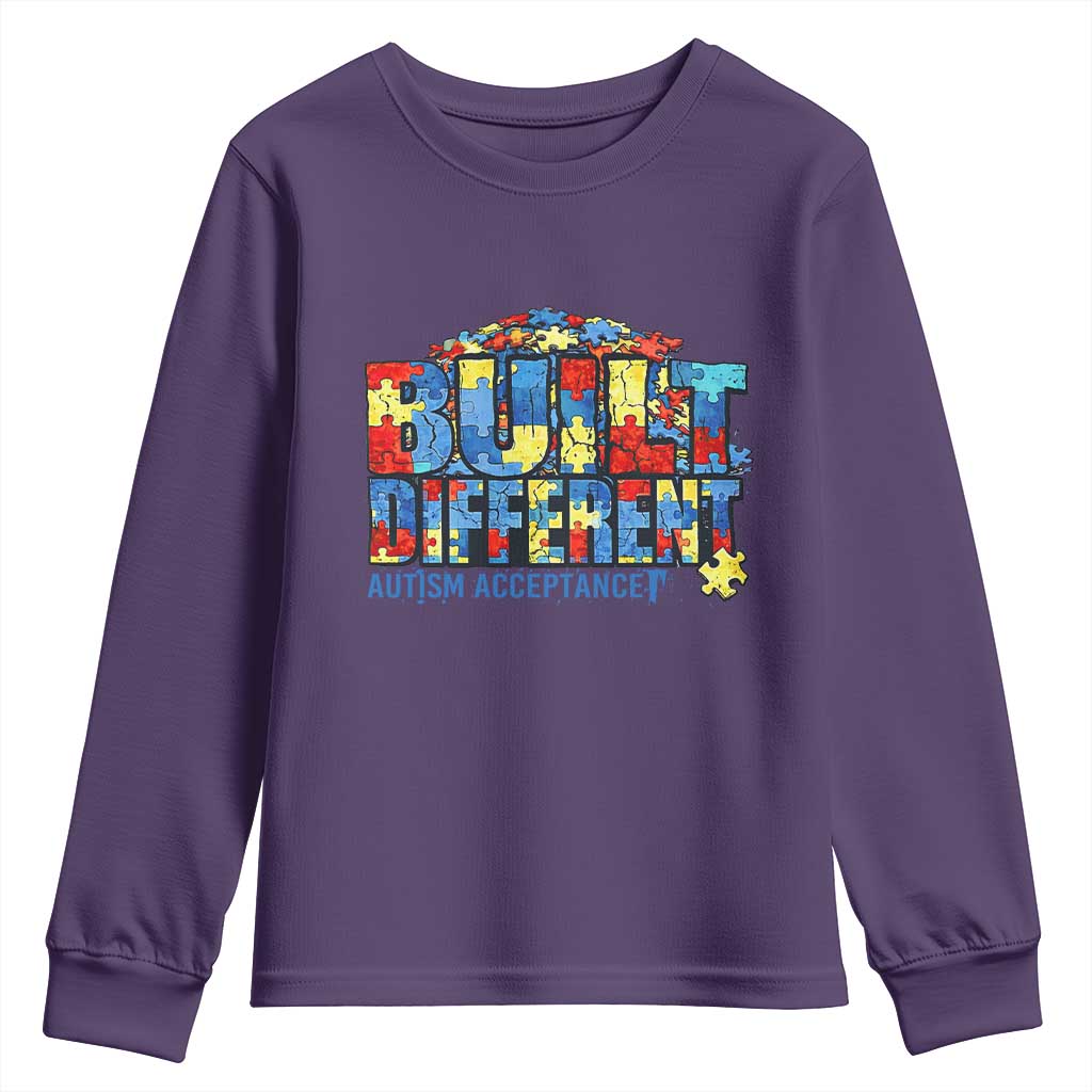 Built Different Autism Acceptance Puzzle Piece Graphic Youth Sweatshirt Inspirational Neurodiversity Support