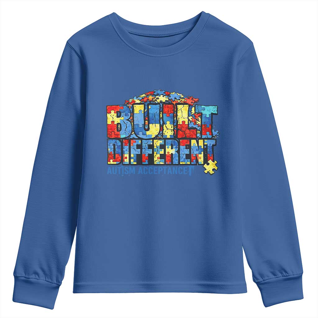 Built Different Autism Acceptance Puzzle Piece Graphic Youth Sweatshirt Inspirational Neurodiversity Support