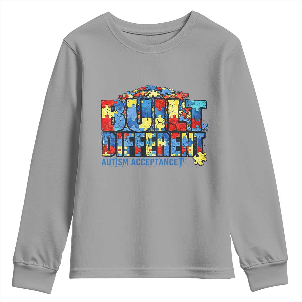 Built Different Autism Acceptance Puzzle Piece Graphic Youth Sweatshirt Inspirational Neurodiversity Support