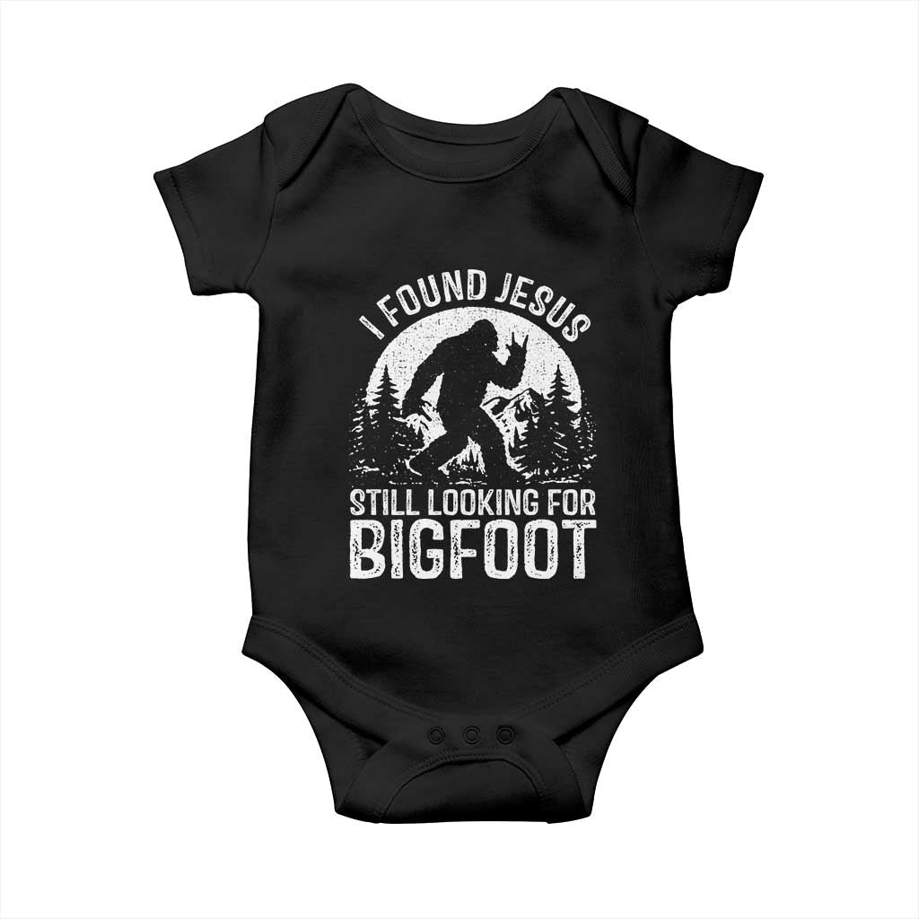 Funny Christian Sasquatch Baby Onesie I Found Jesus Still Looking for Bigfoot Vintage Distressed Graphic