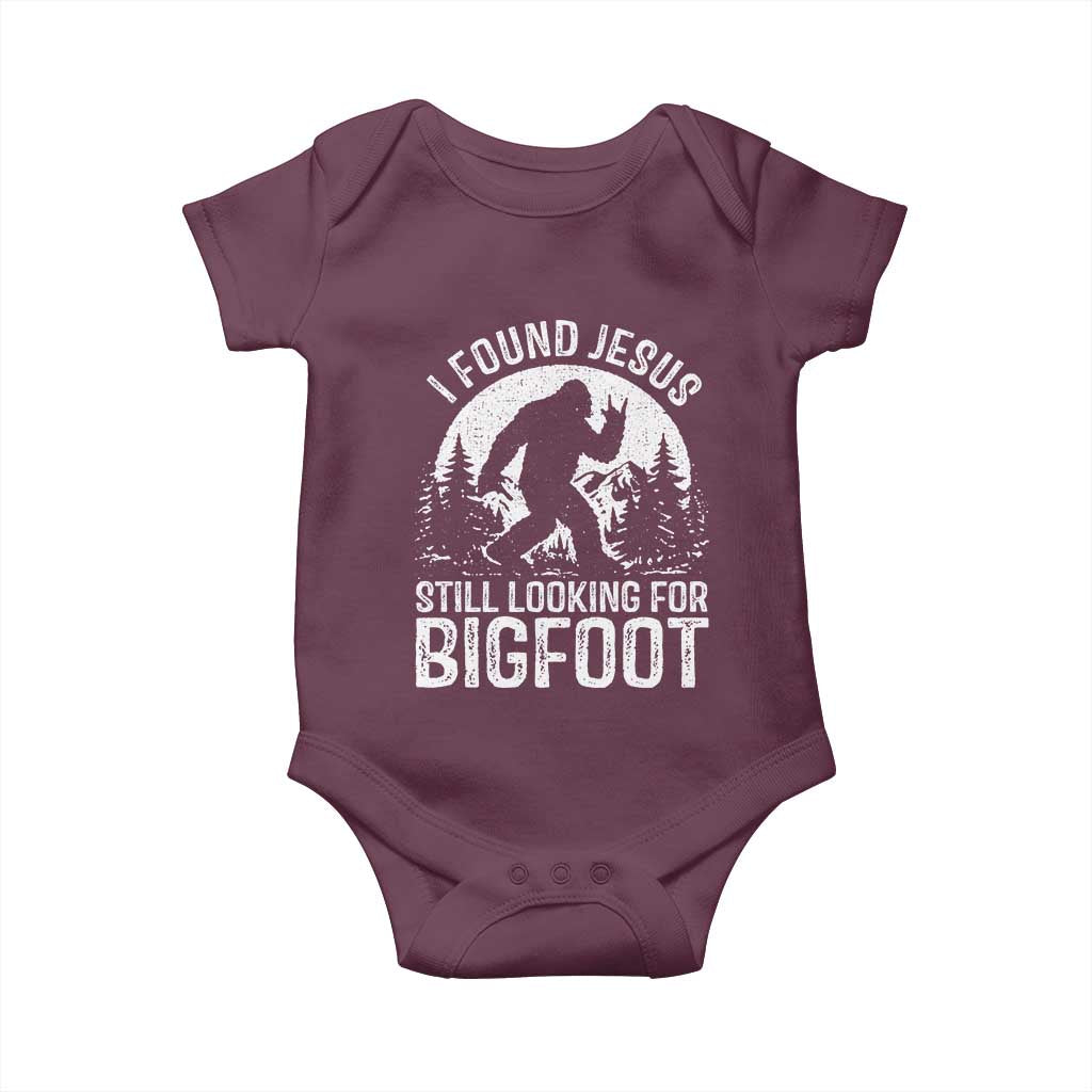 Funny Christian Sasquatch Baby Onesie I Found Jesus Still Looking for Bigfoot Vintage Distressed Graphic