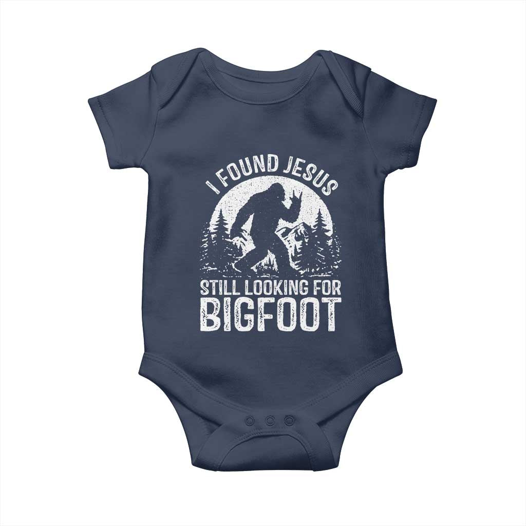Funny Christian Sasquatch Baby Onesie I Found Jesus Still Looking for Bigfoot Vintage Distressed Graphic