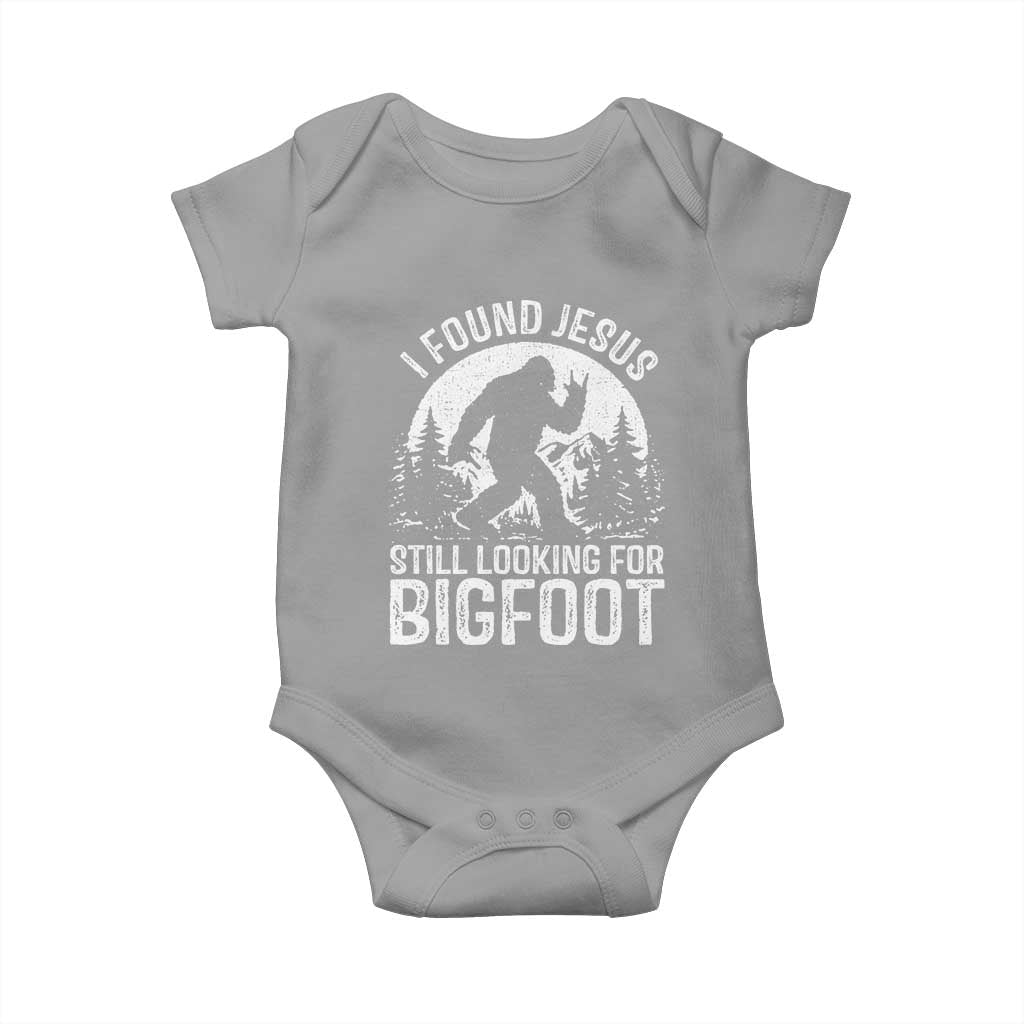 Funny Christian Sasquatch Baby Onesie I Found Jesus Still Looking for Bigfoot Vintage Distressed Graphic