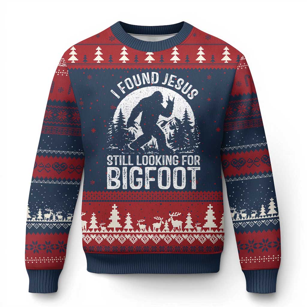 Funny Christian Sasquatch Ugly Christmas Sweater I Found Jesus Still Looking for Bigfoot Vintage Distressed Graphic