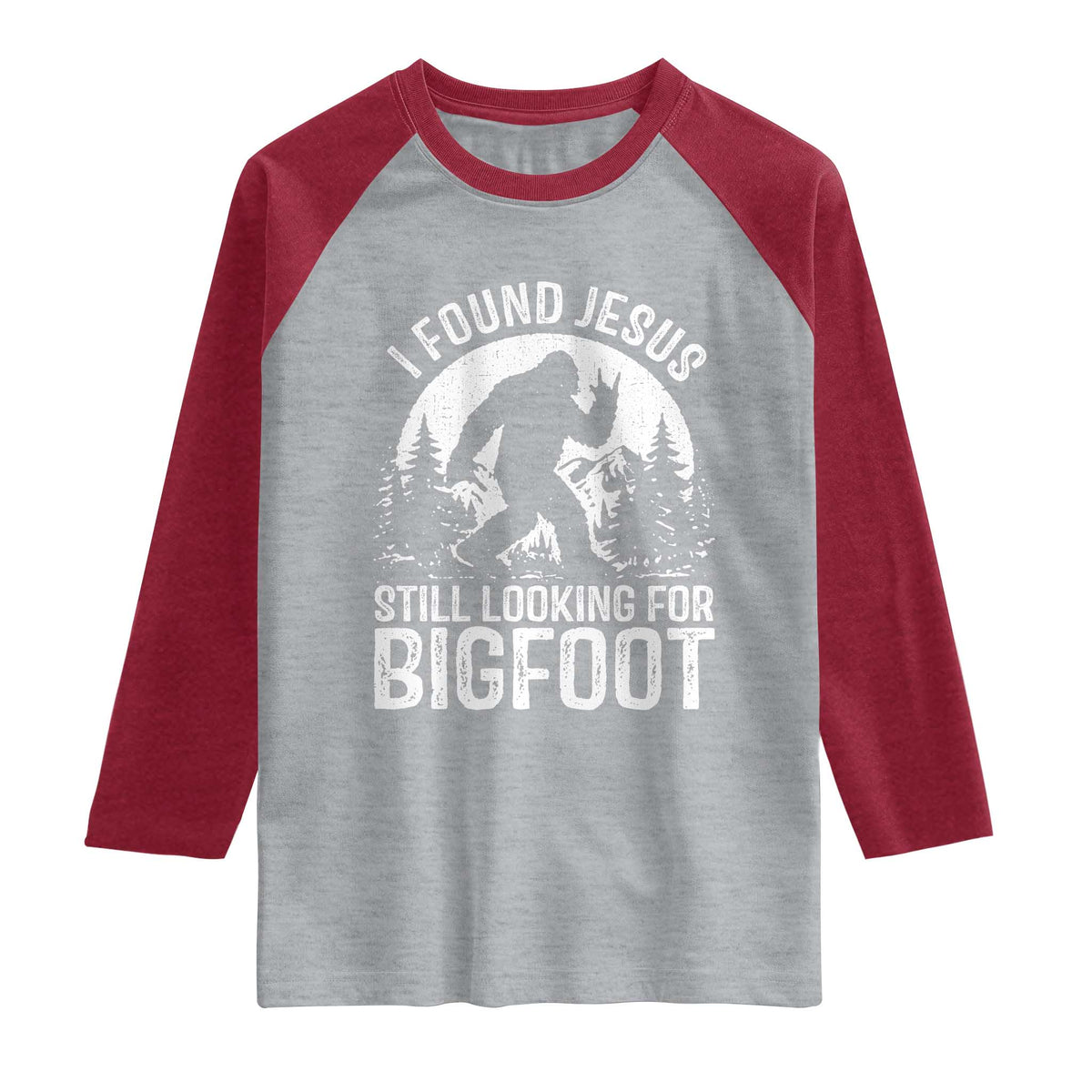 Funny Christian Sasquatch Raglan Shirt I Found Jesus Still Looking for Bigfoot Vintage Distressed Graphic