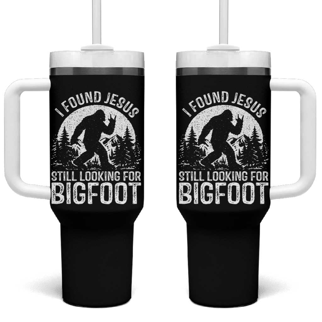 Funny Christian Sasquatch Tumbler With Handle I Found Jesus Still Looking for Bigfoot Vintage Distressed Graphic