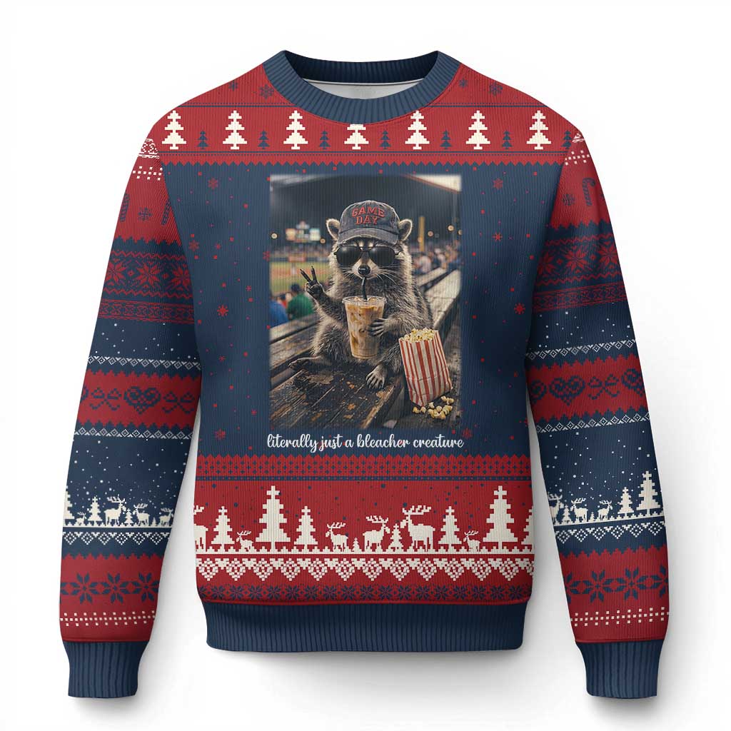 Literally Just A Bleacher Creature Funny Raccoon Baseball Graphic Ugly Christmas Sweater Cool Game Day Fan Gift