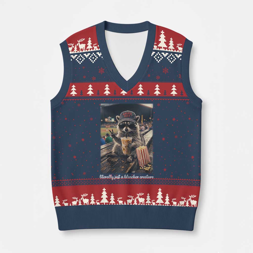 Literally Just A Bleacher Creature Funny Raccoon Baseball Graphic V-Neck Knit Sweater Vest Cool Game Day Fan Gift