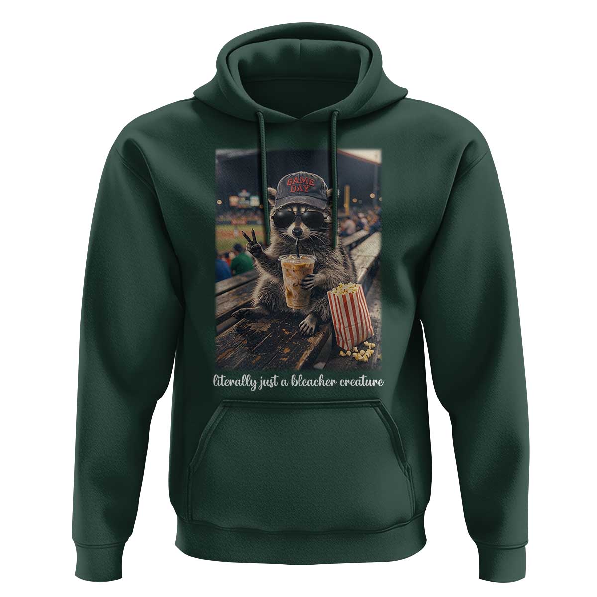 Literally Just A Bleacher Creature Funny Raccoon Baseball Graphic Hoodie Cool Game Day Fan Gift