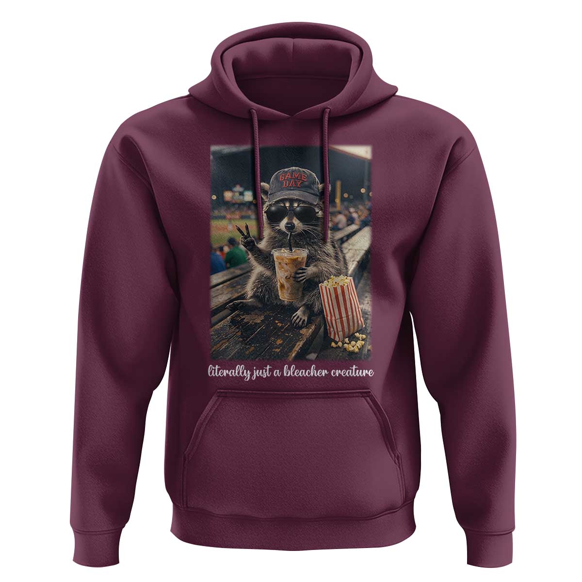 Literally Just A Bleacher Creature Funny Raccoon Baseball Graphic Hoodie Cool Game Day Fan Gift