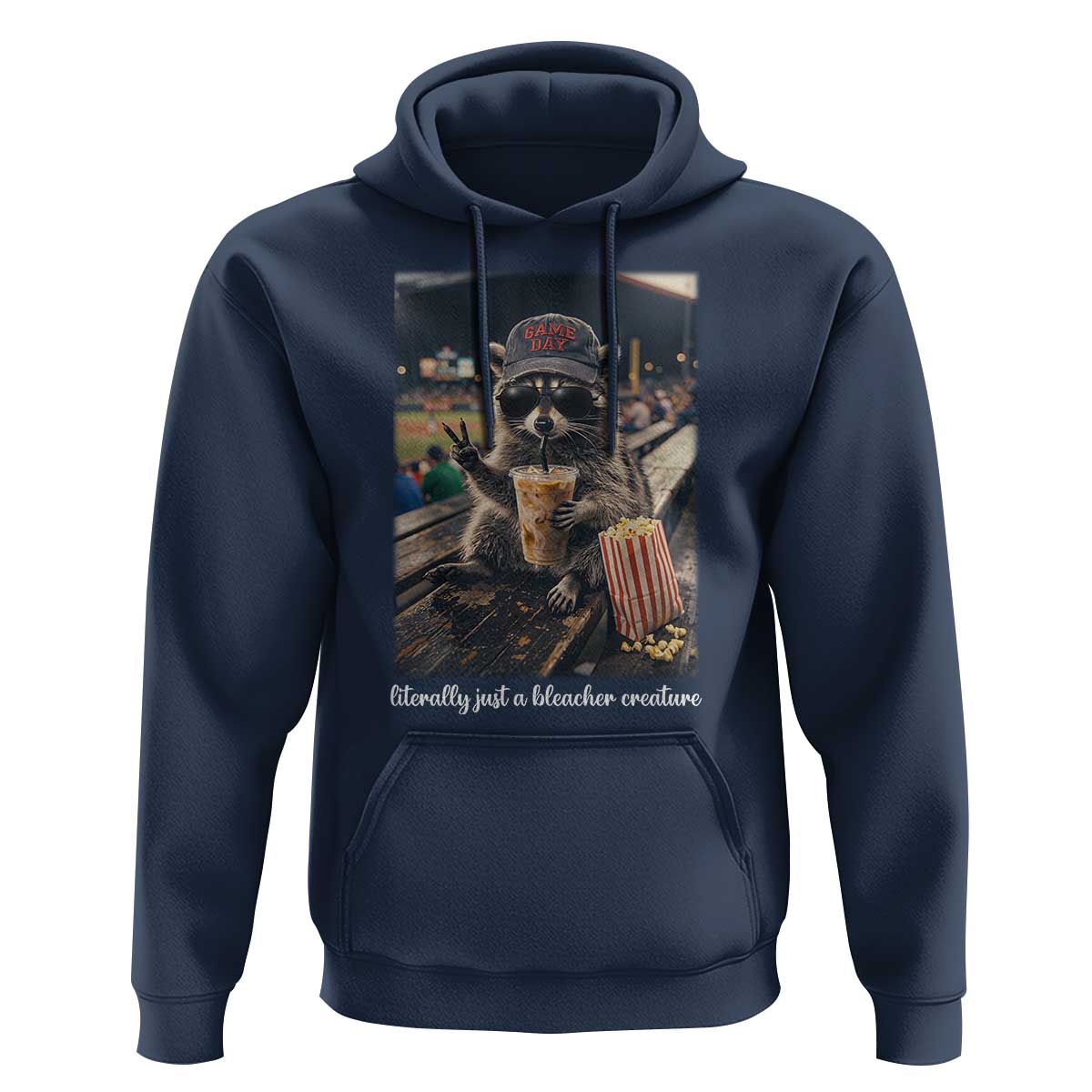Literally Just A Bleacher Creature Funny Raccoon Baseball Graphic Hoodie Cool Game Day Fan Gift