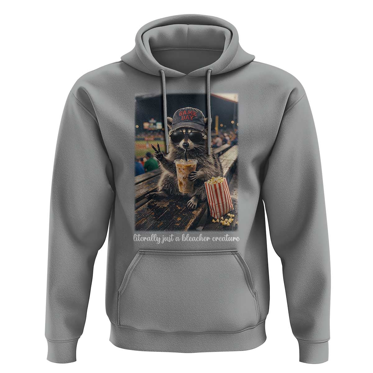 Literally Just A Bleacher Creature Funny Raccoon Baseball Graphic Hoodie Cool Game Day Fan Gift