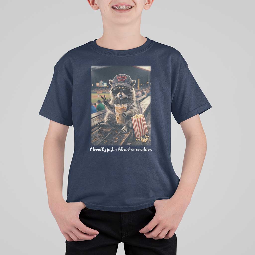 Literally Just A Bleacher Creature Funny Raccoon Baseball Graphic T Shirt For Kid Cool Game Day Fan Gift