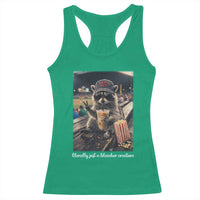 Literally Just A Bleacher Creature Funny Raccoon Baseball Graphic Racerback Tank Top Cool Game Day Fan Gift