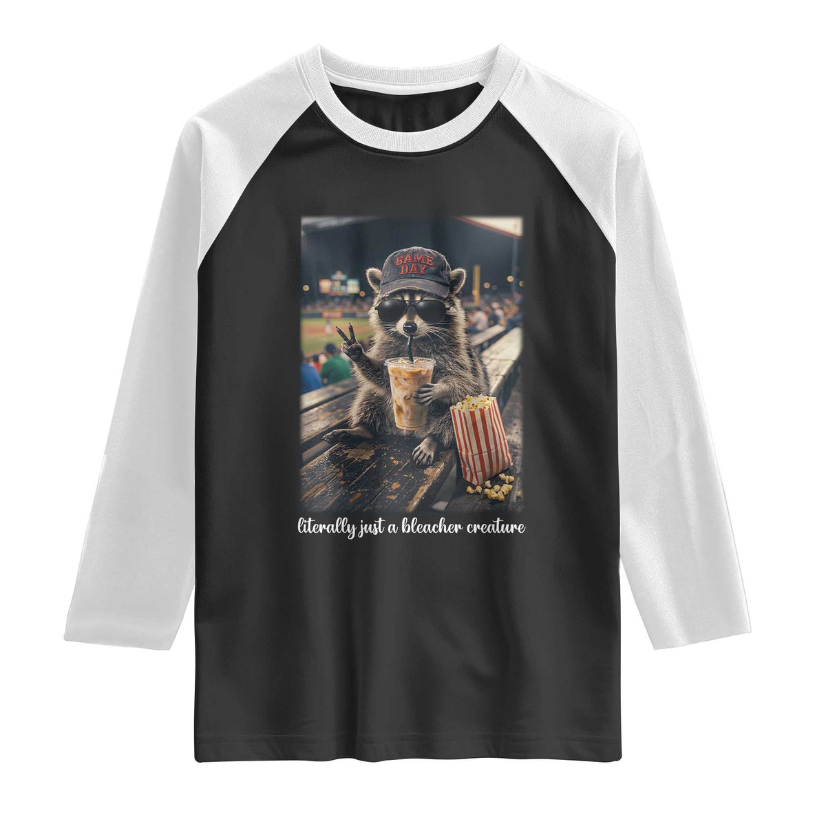 Literally Just A Bleacher Creature Funny Raccoon Baseball Graphic Raglan Shirt Cool Game Day Fan Gift