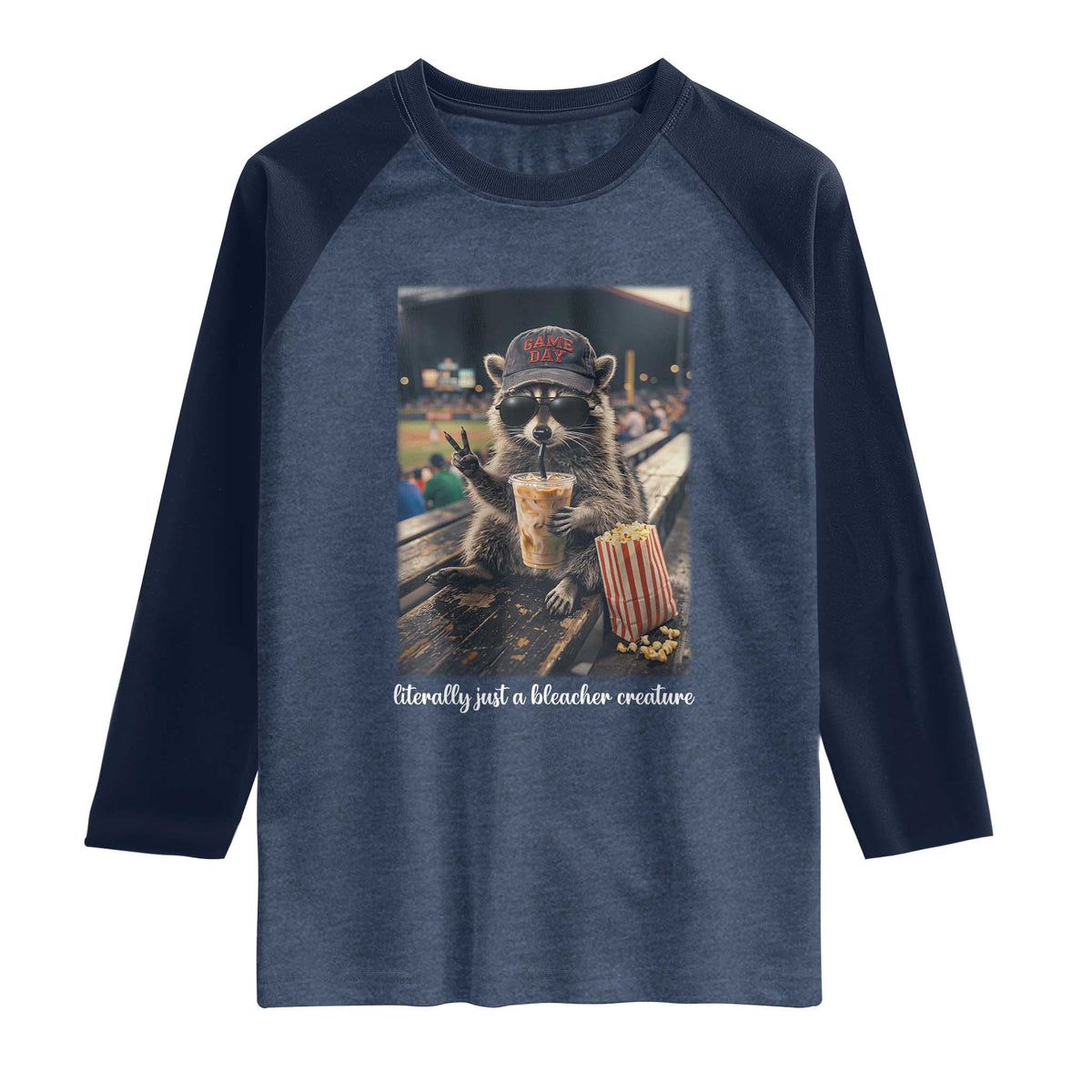 Literally Just A Bleacher Creature Funny Raccoon Baseball Graphic Raglan Shirt Cool Game Day Fan Gift
