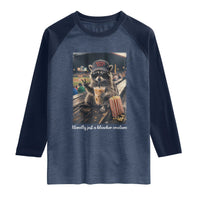 Literally Just A Bleacher Creature Funny Raccoon Baseball Graphic Raglan Shirt Cool Game Day Fan Gift