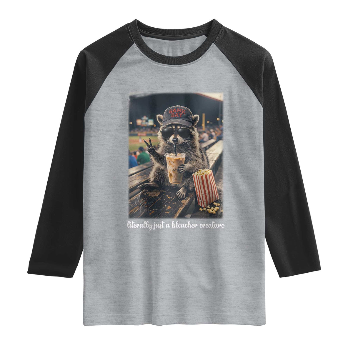 Literally Just A Bleacher Creature Funny Raccoon Baseball Graphic Raglan Shirt Cool Game Day Fan Gift