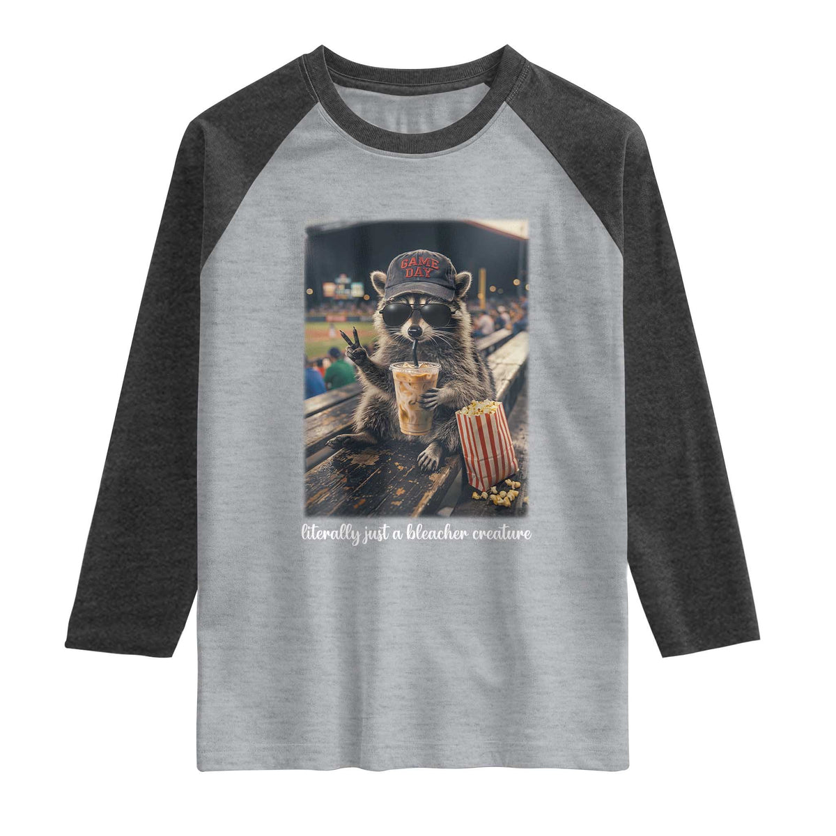 Literally Just A Bleacher Creature Funny Raccoon Baseball Graphic Raglan Shirt Cool Game Day Fan Gift