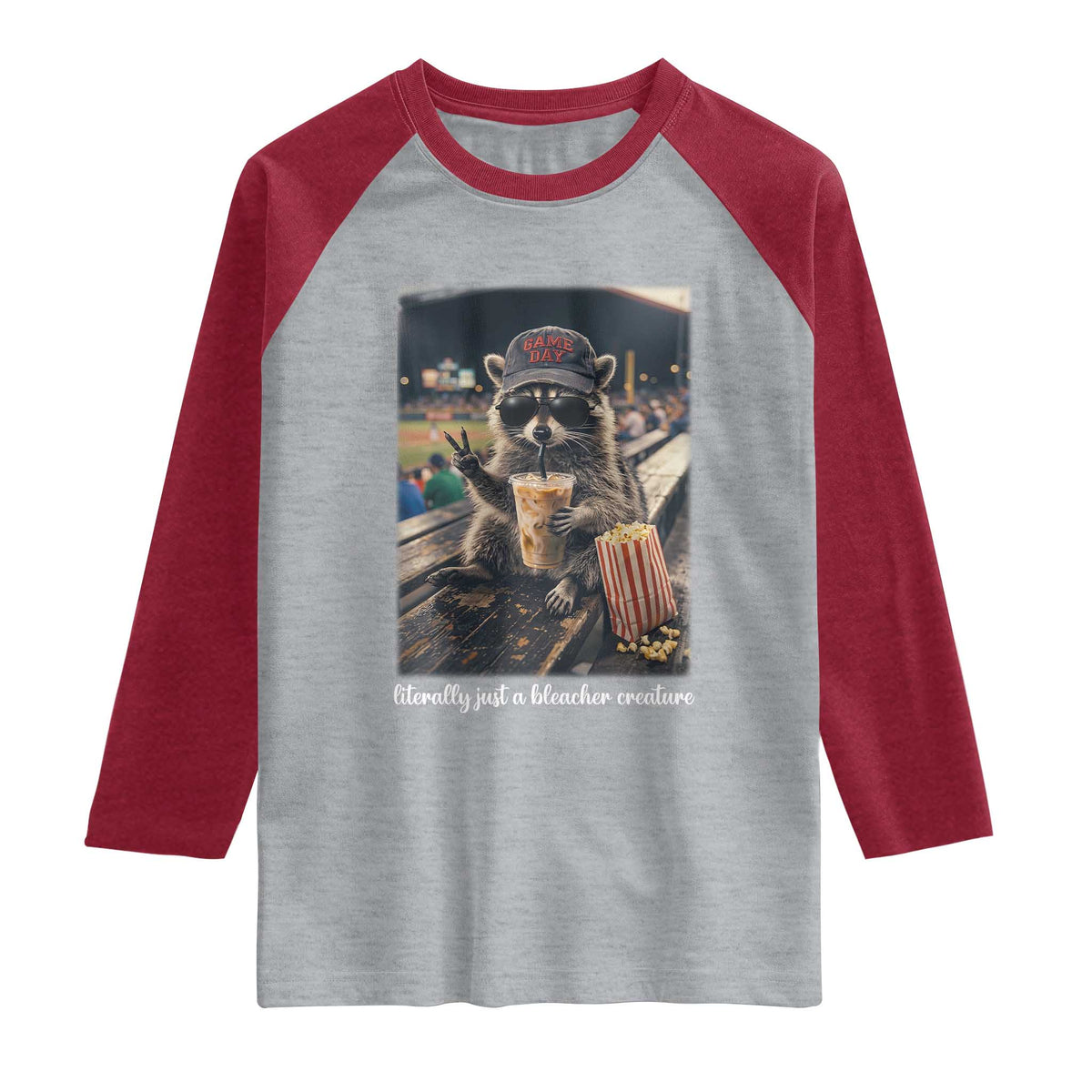 Literally Just A Bleacher Creature Funny Raccoon Baseball Graphic Raglan Shirt Cool Game Day Fan Gift